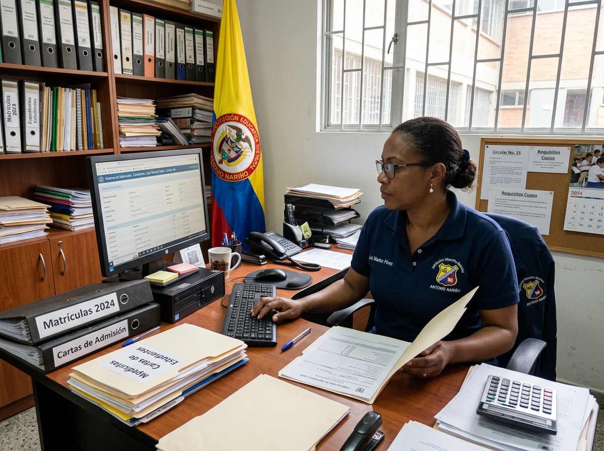 Secretaria académica de colegio público en Colombia gestionando plataforma institucional y matrículas escolares